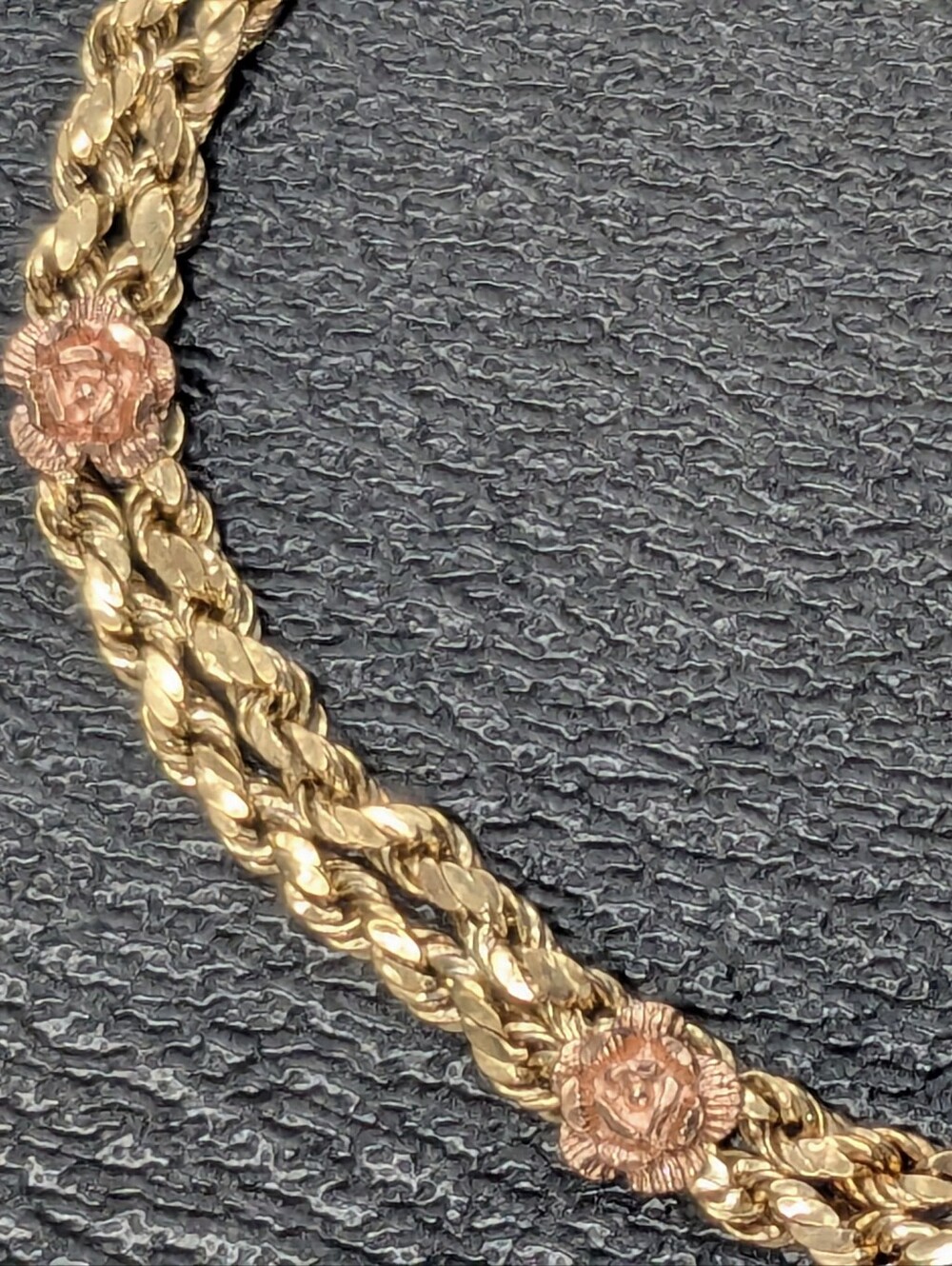 14k Yellow Gold Double Rope Bracelet With Rose Flower Details Women's 7.5" - Picture 10 of 16